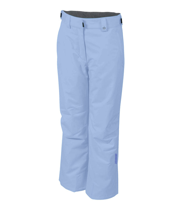 A pair of light blue insulated ski pants with zippered hand pockets, adjustable waist, and belt loops for girls.