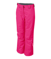 A pair of bright pink insulated ski pants with zippered hand pockets, adjustable waist, and belt loops for girls.
