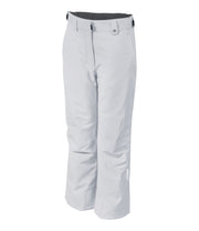 A pair of grey insulated ski pants with zippered hand pockets, adjustable waist, and belt loops for girls.