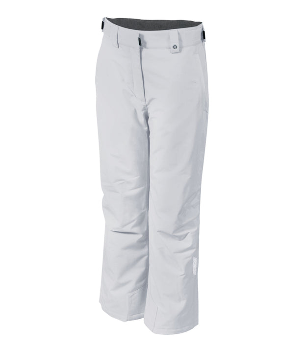 A pair of grey insulated ski pants with zippered hand pockets, adjustable waist, and belt loops for girls.