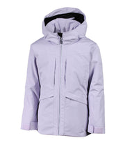 A girls' purple insluted jacket featuring a front zip closure, zippered chest pockets, and an adjustable hood.