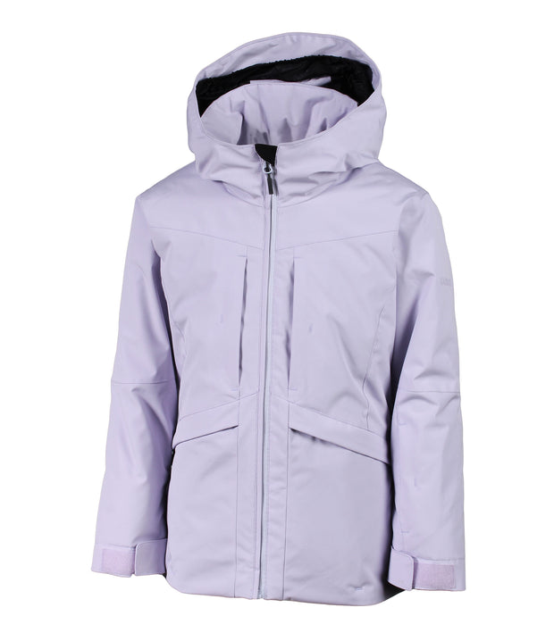 A girls' purple insluted jacket featuring a front zip closure, zippered chest pockets, and an adjustable hood.