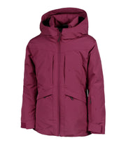A girls' wine red insluted jacket featuring a front zip closure, zippered chest pockets, and an adjustable hood.