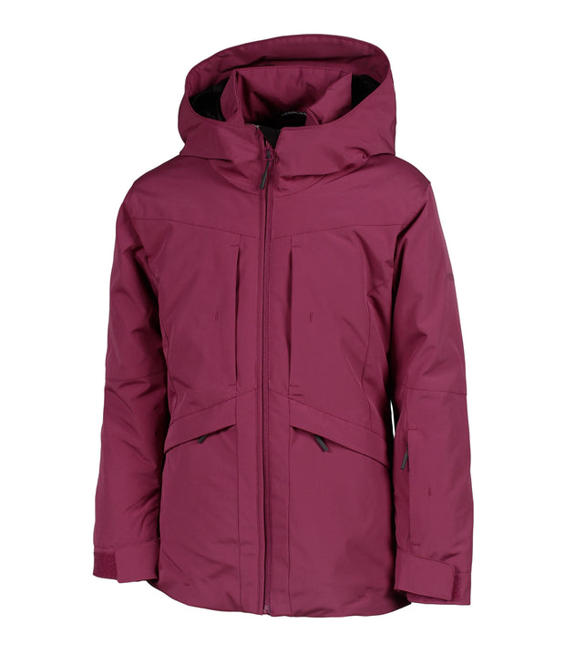 A girls' wine red insluted jacket featuring a front zip closure, zippered chest pockets, and an adjustable hood.
