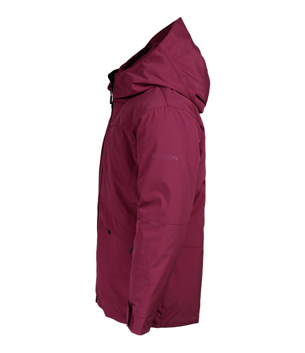 A girls' wine red insluted jacket featuring a front zip closure, zippered chest pockets, and an adjustable hood.
