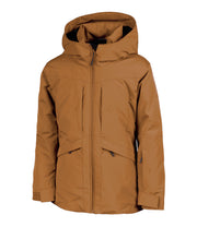 A girls' brown insluted jacket featuring a front zip closure, zippered chest pockets, and an adjustable hood.