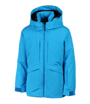 A girls' blue insluted jacket featuring a front zip closure, zippered chest pockets, and an adjustable hood.