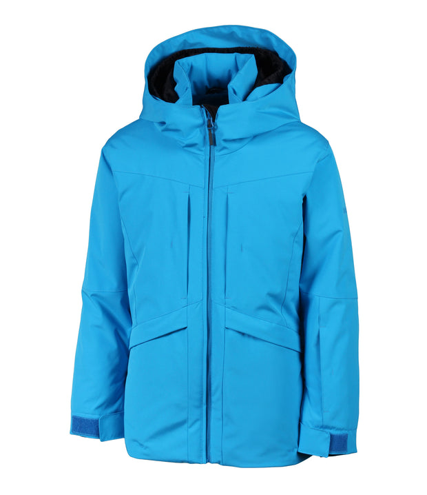 A girls' blue insluted jacket featuring a front zip closure, zippered chest pockets, and an adjustable hood.