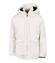 A girls' white insluted jacket featuring a front zip closure, zippered chest pockets, and an adjustable hood.