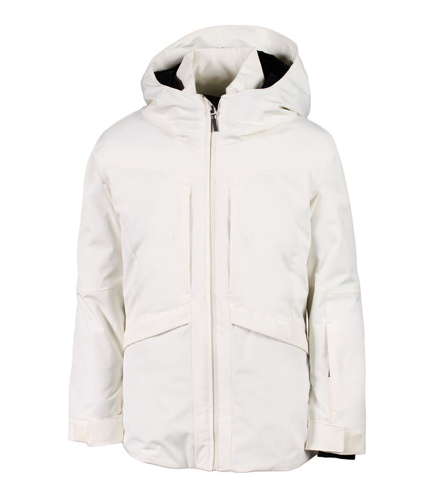 A girls' white insluted jacket featuring a front zip closure, zippered chest pockets, and an adjustable hood.