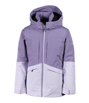 A girls' two-tone jacket with a purple hood, shoulders, upper chest, and upper sleeves paired with a lighter purple body and lower sleeves. The jacket features a front zip closure, zippered chest pocket, and two side zip pockets, with an adjustable hood.