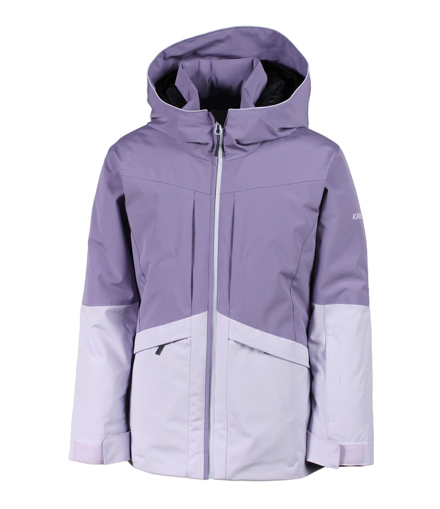 A girls' two-tone jacket with a purple hood, shoulders, upper chest, and upper sleeves paired with a lighter purple body and lower sleeves. The jacket features a front zip closure, zippered chest pocket, and two side zip pockets, with an adjustable hood.
