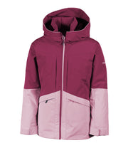 A girls' two-tone jacket with a dark pink hood, shoulders, upper chest, and upper sleeves paired with a light pink body and lower sleeves. The jacket features a front zip closure, zippered chest pocket, and two side zip pockets, with an adjustable hood.