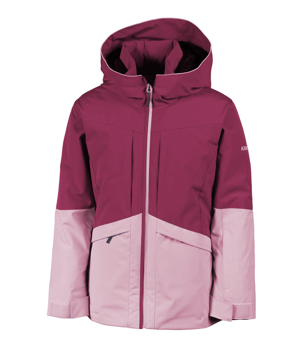 A girls' two-tone jacket with a dark pink hood, shoulders, upper chest, and upper sleeves paired with a light pink body and lower sleeves. The jacket features a front zip closure, zippered chest pocket, and two side zip pockets, with an adjustable hood.
