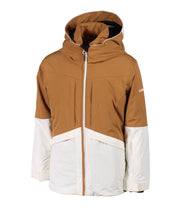 A girls' two-tone jacket with a brown hood, shoulders, upper chest, and upper sleeves paired with a beige body and lower sleeves. The jacket features a front zip closure, zippered chest pocket, and two side zip pockets, with an adjustable hood.