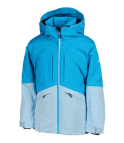 A girls' two-tone jacket with a blue hood, shoulders, upper chest, and upper sleeves paired with a lighter blue body and lower sleeves. The jacket features a front zip closure, zippered chest pocket, and two side zip pockets, with an adjustable hood.