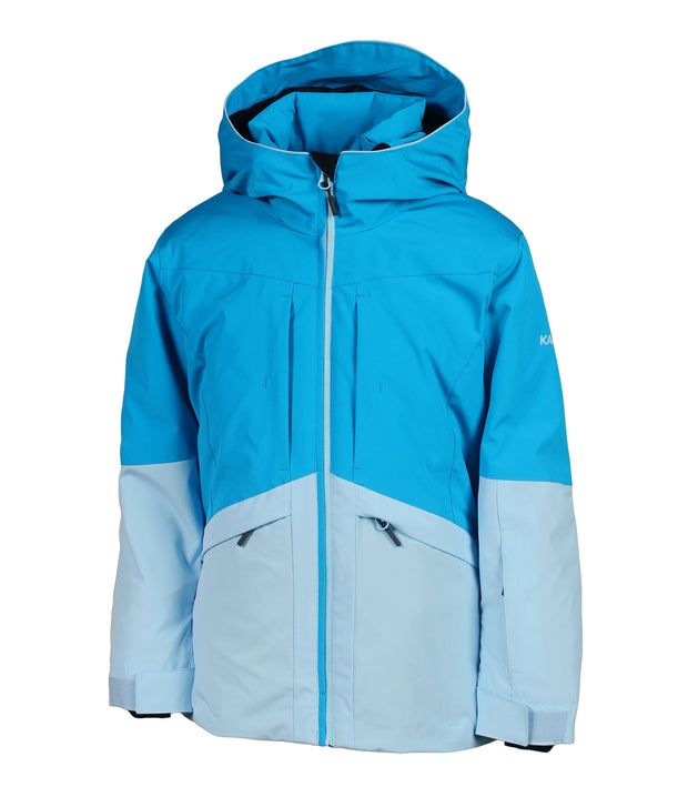 A girls' two-tone jacket with a blue hood, shoulders, upper chest, and upper sleeves paired with a lighter blue body and lower sleeves. The jacket features a front zip closure, zippered chest pocket, and two side zip pockets, with an adjustable hood.