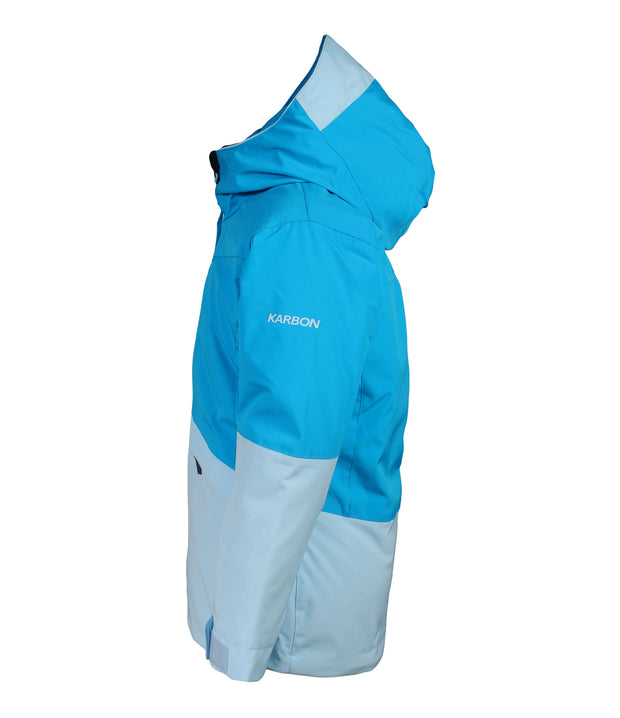 A girls' two-tone jacket with a blue hood, shoulders, upper chest, and upper sleeves paired with a lighter blue body and lower sleeves. The jacket features a front zip closure, zippered chest pocket, and two side zip pockets, with an adjustable hood.