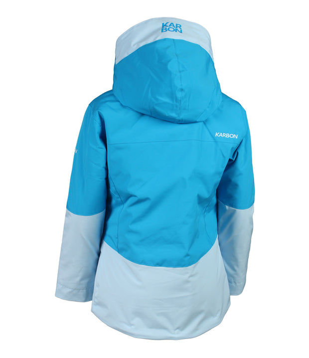 Back shot: A girls' two-tone jacket with a blue hood, shoulders, upper chest, and upper sleeves paired with a lighter blue body and lower sleeves. The jacket features a front zip closure, zippered chest pocket, and two side zip pockets, with an adjustable hood.