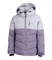 A two-toned girls' insulated puffer with light purple upper body and purple lower body, featuring a front zip closure, zippered chest pocket, and two side zip pockets, with a hood.