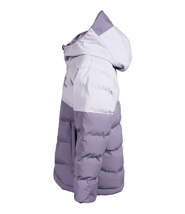A two-toned girls' insulated puffer with light purple upper body and purple lower body, featuring a front zip closure, zippered chest pocket, and two side zip pockets, with a hood.