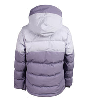 A two-toned girls' insulated puffer with light purple upper body and purple lower body, featuring a front zip closure, zippered chest pocket, and two side zip pockets, with a hood, back shot.