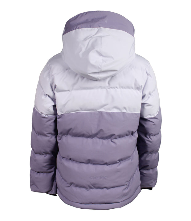 A two-toned girls' insulated puffer with light purple upper body and purple lower body, featuring a front zip closure, zippered chest pocket, and two side zip pockets, with a hood, back shot.