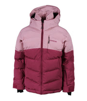 A two-toned girls' insulated puffer with pink upper body and dark pink lower body, featuring a front zip closure, zippered chest pocket, and two side zip pockets, with a hood.