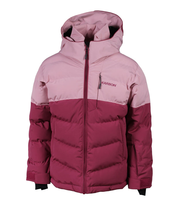 A two-toned girls' insulated puffer with pink upper body and dark pink lower body, featuring a front zip closure, zippered chest pocket, and two side zip pockets, with a hood.