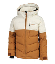 A two-toned girls' insulated puffer with beige upper body and brown lower body, featuring a front zip closure, zippered chest pocket, and two side zip pockets, with a hood.