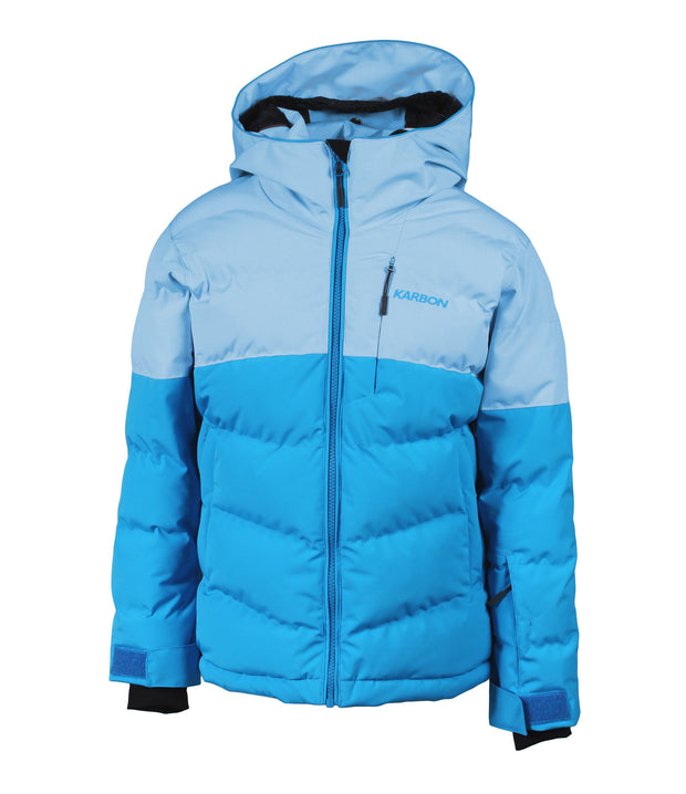 A two-toned girls' insulated puffer with light blue upper body and blue lower body, featuring a front zip closure, zippered chest pocket, and two side zip pockets, with a hood.