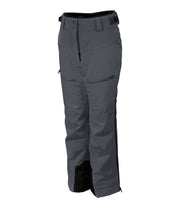 A pair of girls' insulated ski pants in grey with zippered hand pockets, thigh pockets, adjustable waist with belt loops.