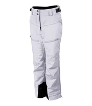 A pair of girls' insulated ski pants in light purple with zippered hand pockets, thigh pockets, adjustable waist with belt loops.