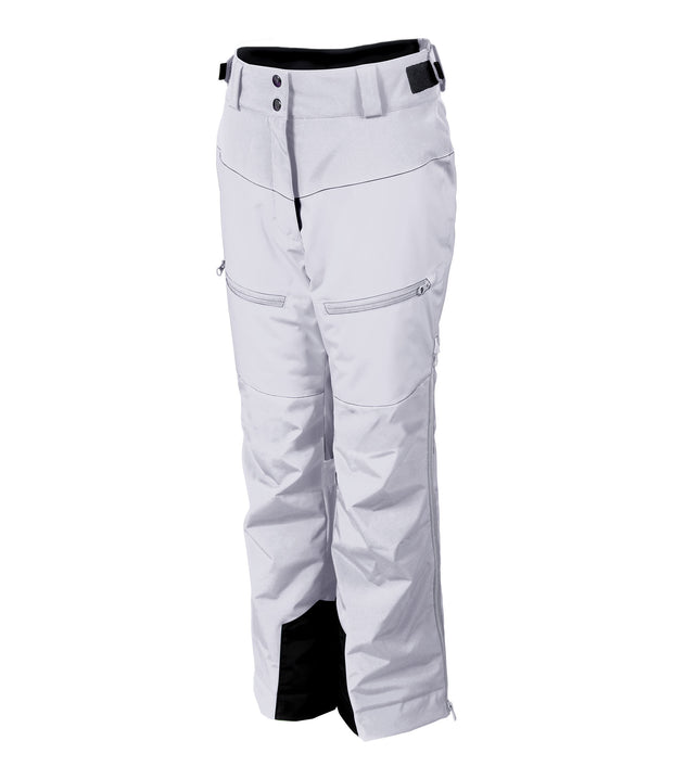 A pair of girls' insulated ski pants in light purple with zippered hand pockets, thigh pockets, adjustable waist with belt loops.