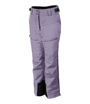 A pair of girls' insulated ski pants in purple with zippered hand pockets, thigh pockets, adjustable waist with belt loops.