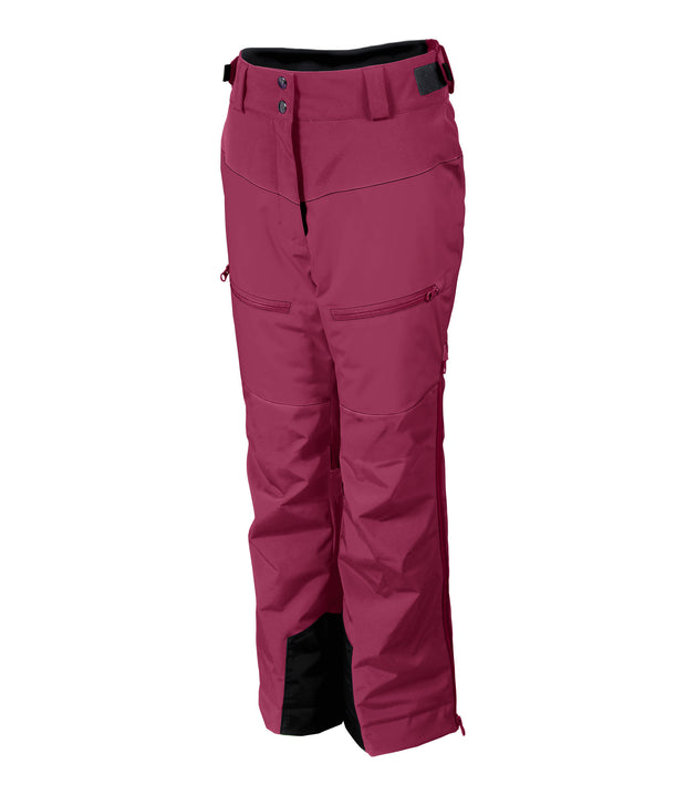 A pair of girls' insulated ski pants in dark pink with zippered hand pockets, thigh pockets, adjustable waist with belt loops.