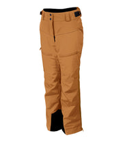 A pair of girls' insulated ski pants in brown with zippered hand pockets, thigh pockets, adjustable waist with belt loops.