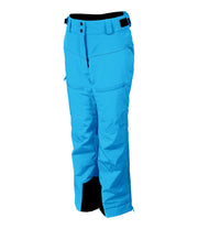 A pair of girls' insulated ski pants in blue with zippered hand pockets, thigh pockets, adjustable waist with belt loops.
