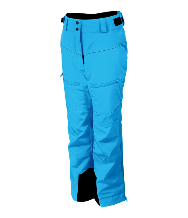 A pair of girls' insulated ski pants in blue with zippered hand pockets, thigh pockets, adjustable waist with belt loops.