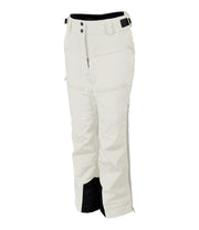 A pair of girls' insulated ski pants in white with zippered hand pockets, thigh pockets, adjustable waist with belt loops.