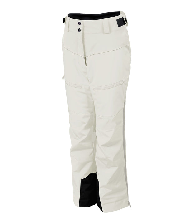 A pair of girls' insulated ski pants in white with zippered hand pockets, thigh pockets, adjustable waist with belt loops.