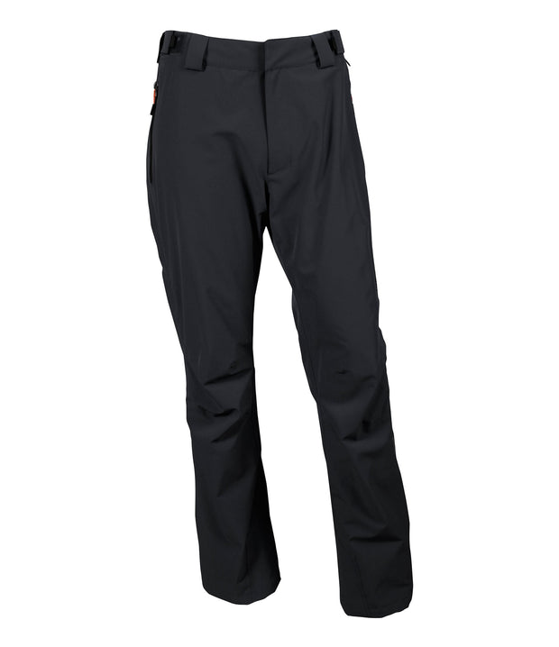 A pair of black snow pants with zippered hand pockets, and an adjustable waistband with belt loops.