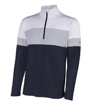 Men’s 1/4 zip base layer in white, grey, and black with contrast color blocking and a contrasting zipper.