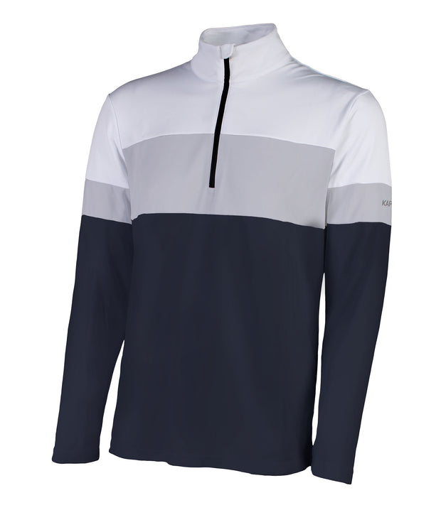 Men’s 1/4 zip base layer in white, grey, and black with contrast color blocking and a contrasting zipper.