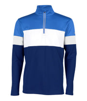 Men’s 1/4 zip base layer in blue, white, and navy blue with contrast color blocking and a blue zipper.