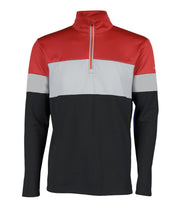 Men’s 1/4 zip base layer in red, grey, and black with contrast color blocking and a red zipper.