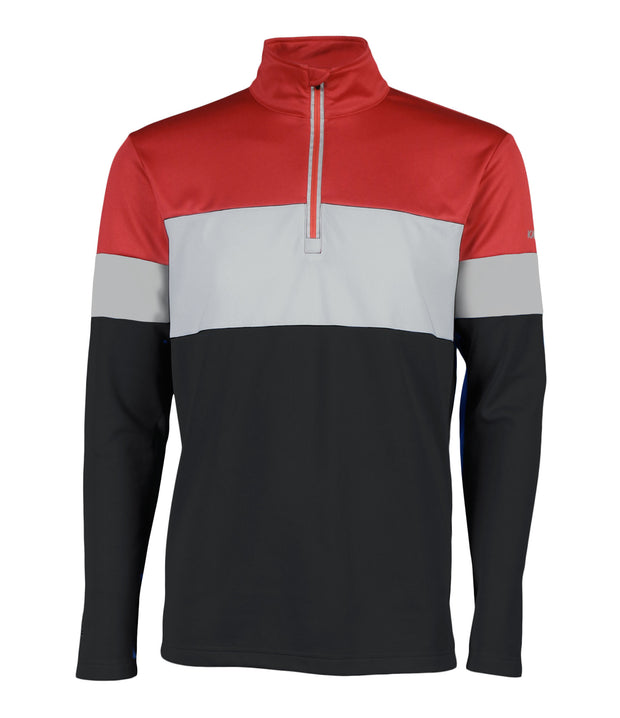 Men’s 1/4 zip base layer in red, grey, and black with contrast color blocking and a red zipper.