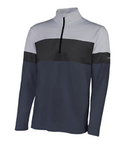Men’s 1/4 zip base layer in grey, black, and dark grey with contrast color blocking and a black zipper.