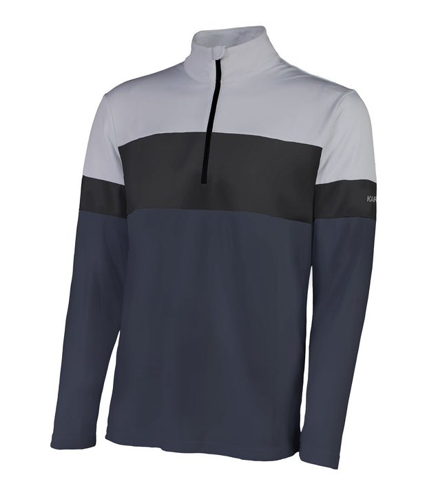 Men’s 1/4 zip base layer in grey, black, and dark grey with contrast color blocking and a black zipper.