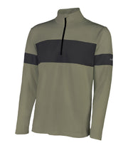 Men’s 1/4 zip base layer in green and black with contrast color blocking and a black zipper.